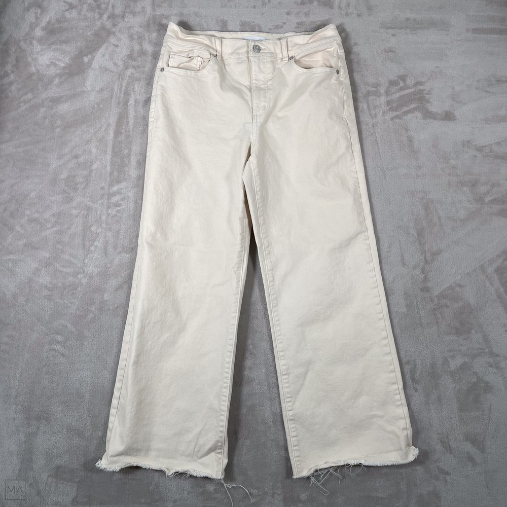 Loft Women's Jeans The Mid Rise Wide Leg Distressed Hem Neutral 27_4 Cream